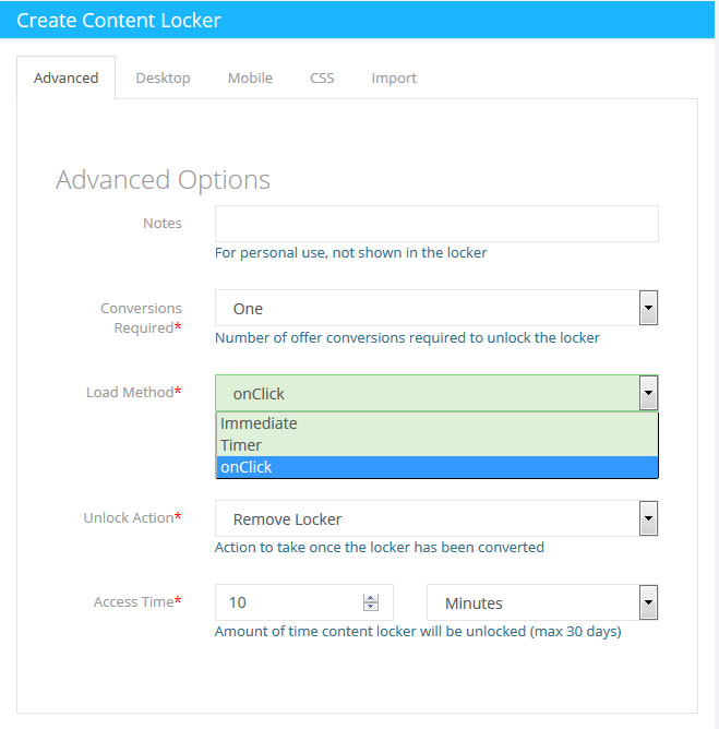 note it is important to select onclick load method when you are creating your content locker the example of setting the loading method on ogads network - v2 ig followers generator cpa marketing landing page by marketing rhino com